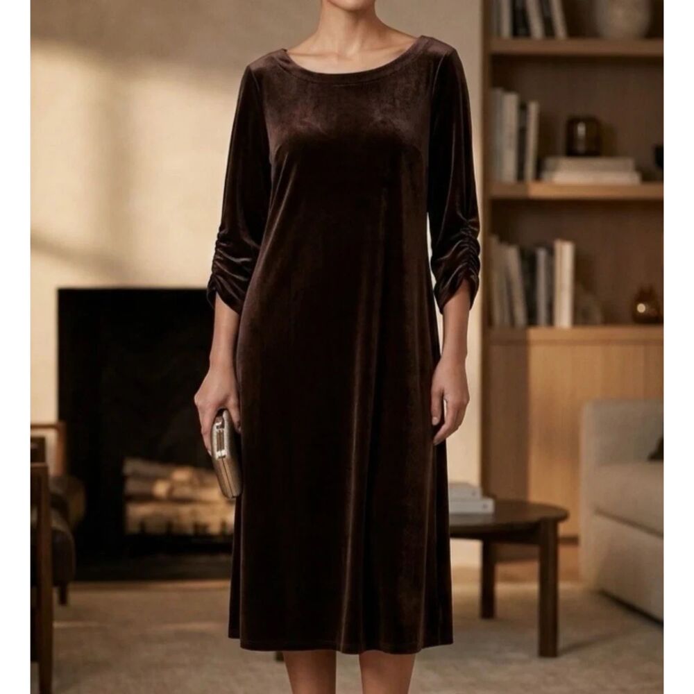 Susan Graver Womens Velvet Midi Dress Size 2X Whimsigoth Grunge Brown Elegant